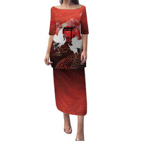 Hawaii and Japan Together Puletasi Polynesian Art Tattoo With Cranes And Sakura LT05 Long Dress Red - Polynesian Pride