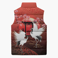 Hawaii and Japan Together Sleeveless Puffer Jacket Polynesian Art Tattoo With Cranes And Sakura LT05 - Polynesian Pride