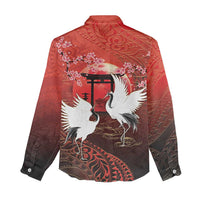 Hawaii and Japan Together Women Casual Shirt Polynesian Art Tattoo With Cranes And Sakura LT05 - Polynesian Pride