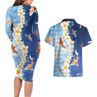 Hawaii And Japan Couples Matching Long Sleeve Bodycon Dress and Hawaiian Shirt Plumeria Lei With Koi Fish Blue - Polynesian Pride
