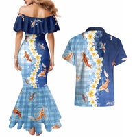 Hawaii And Japan Couples Matching Mermaid Dress and Hawaiian Shirt Plumeria Lei With Koi Fish Blue LT05 - Polynesian Pride