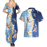 Hawaii And Japan Couples Matching Summer Maxi Dress and Hawaiian Shirt Plumeria Lei With Koi Fish Blue - Polynesian Pride