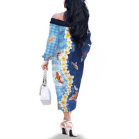 Hawaii And Japan Family Matching Off The Shoulder Long Sleeve Dress and Hawaiian Shirt Plumeria Lei With Koi Fish Blue - Polynesian Pride