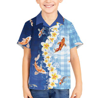 Hawaii And Japan Family Matching Off The Shoulder Long Sleeve Dress and Hawaiian Shirt Plumeria Lei With Koi Fish Blue - Polynesian Pride