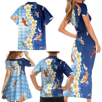 Hawaii And Japan Family Matching Short Sleeve Bodycon Dress and Hawaiian Shirt Plumeria Lei With Koi Fish Blue - Polynesian Pride