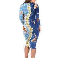 Hawaii And Japan Long Sleeve Bodycon Dress Plumeria Lei With Koi Fish Blue LT05 - Polynesian Pride
