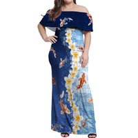 Hawaii And Japan Off Shoulder Maxi Dress Plumeria Lei With Koi Fish Blue LT05 Women Blue - Polynesian Pride
