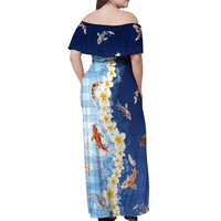 Hawaii And Japan Off Shoulder Maxi Dress Plumeria Lei With Koi Fish Blue LT05 - Polynesian Pride