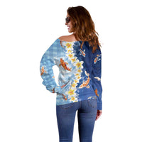 Hawaii And Japan Off Shoulder Sweater Plumeria Lei With Koi Fish Blue LT05 - Polynesian Pride
