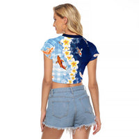 Hawaii And Japan Raglan Cropped T Shirt Plumeria Lei With Koi Fish Blue LT05 - Polynesian Pride
