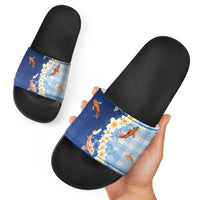 Hawaii And Japan Slide Sandals Plumeria Lei With Koi Fish Blue LT05 - Polynesian Pride