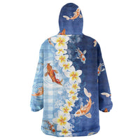 Hawaii And Japan Wearable Blanket Hoodie Plumeria Lei With Koi Fish Blue LT05 - Polynesian Pride