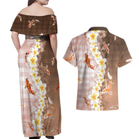 Hawaii And Japan Couples Matching Off Shoulder Maxi Dress and Hawaiian Shirt Plumeria Lei With Koi Fish Beige - Polynesian Pride