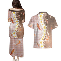 Hawaii And Japan Couples Matching Puletasi and Hawaiian Shirt Plumeria Lei With Koi Fish Beige LT05 - Polynesian Pride