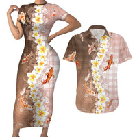 Hawaii And Japan Couples Matching Short Sleeve Bodycon Dress and Hawaiian Shirt Plumeria Lei With Koi Fish Beige - Polynesian Pride
