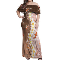 Hawaii And Japan Off Shoulder Maxi Dress Plumeria Lei With Koi Fish Beige LT05 Women Beige - Polynesian Pride