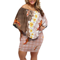Hawaii And Japan Off Shoulder Short Dress Plumeria Lei With Koi Fish Beige LT05 Women Beige - Polynesian Pride
