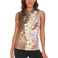 Hawaii And Japan Women Sleeveless Polo Shirt Plumeria Lei With Koi Fish Beige LT05 - Polynesian Pride