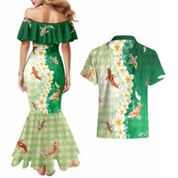 Hawaii And Japan Couples Matching Mermaid Dress and Hawaiian Shirt Plumeria Lei With Koi Fish Green - Polynesian Pride