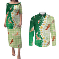 Hawaii And Japan Couples Matching Puletasi and Long Sleeve Button Shirt Plumeria Lei With Koi Fish Green - Polynesian Pride