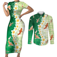 Hawaii And Japan Couples Matching Short Sleeve Bodycon Dress and Long Sleeve Button Shirt Plumeria Lei With Koi Fish Green - Polynesian Pride