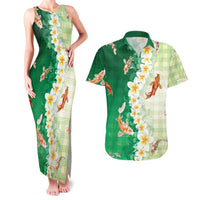 Hawaii And Japan Couples Matching Tank Maxi Dress and Hawaiian Shirt Plumeria Lei With Koi Fish Green - Polynesian Pride