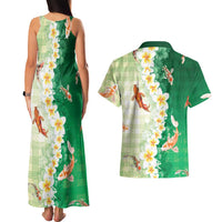 Hawaii And Japan Couples Matching Tank Maxi Dress and Hawaiian Shirt Plumeria Lei With Koi Fish Green - Polynesian Pride