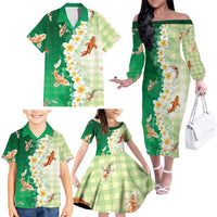 Hawaii And Japan Family Matching Off The Shoulder Long Sleeve Dress and Hawaiian Shirt Plumeria Lei With Koi Fish Green - Polynesian Pride