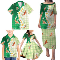 Hawaii And Japan Family Matching Puletasi and Hawaiian Shirt Plumeria Lei With Koi Fish Green LT05 - Polynesian Pride