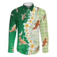 Hawaii And Japan Family Matching Puletasi and Hawaiian Shirt Plumeria Lei With Koi Fish Green LT05 Dad's Shirt - Long Sleeve Green - Polynesian Pride