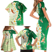Hawaii And Japan Family Matching Short Sleeve Bodycon Dress and Hawaiian Shirt Plumeria Lei With Koi Fish Green - Polynesian Pride