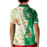 Hawaii And Japan Kid Polo Shirt Plumeria Lei With Koi Fish Green LT05 - Polynesian Pride