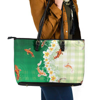 Hawaii And Japan Leather Tote Bag Plumeria Lei With Koi Fish Green LT05 - Polynesian Pride