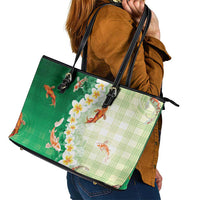 Hawaii And Japan Leather Tote Bag Plumeria Lei With Koi Fish Green LT05 - Polynesian Pride