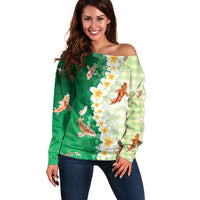 Hawaii And Japan Off Shoulder Sweater Plumeria Lei With Koi Fish Green LT05 Women Green - Polynesian Pride