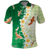Hawaii And Japan Polo Shirt Plumeria Lei With Koi Fish Green LT05 Green - Polynesian Pride
