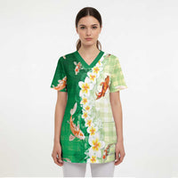 Hawaii And Japan Scrub Top Plumeria Lei With Koi Fish Green LT05 - Polynesian Pride
