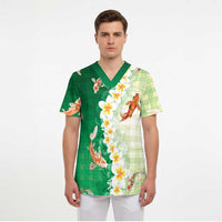 Hawaii And Japan Scrub Top Plumeria Lei With Koi Fish Green LT05 - Polynesian Pride