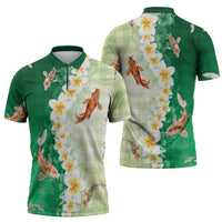 Hawaii And Japan Zipper Polo Shirt Plumeria Lei With Koi Fish Green LT05 - Polynesian Pride