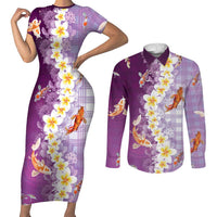 Hawaii And Japan Couples Matching Short Sleeve Bodycon Dress and Long Sleeve Button Shirt Plumeria Lei With Koi Fish Purple - Polynesian Pride