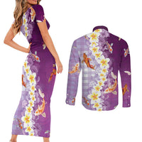 Hawaii And Japan Couples Matching Short Sleeve Bodycon Dress and Long Sleeve Button Shirt Plumeria Lei With Koi Fish Purple - Polynesian Pride