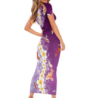 Hawaii And Japan Family Matching Short Sleeve Bodycon Dress and Hawaiian Shirt Plumeria Lei With Koi Fish Purple - Polynesian Pride