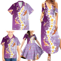 Hawaii And Japan Family Matching Summer Maxi Dress and Hawaiian Shirt Plumeria Lei With Koi Fish Purple - Polynesian Pride