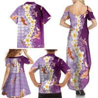Hawaii And Japan Family Matching Summer Maxi Dress and Hawaiian Shirt Plumeria Lei With Koi Fish Purple - Polynesian Pride
