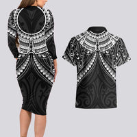 New Zealand Morepork Couples Matching Long Sleeve Bodycon Dress and Hawaiian Shirt Maori Pattern Black