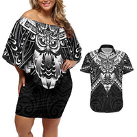 New Zealand Morepork Couples Matching Off Shoulder Short Dress and Hawaiian Shirt Maori Pattern Black