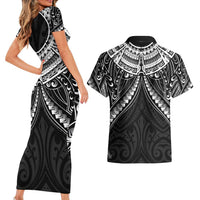 New Zealand Morepork Couples Matching Short Sleeve Bodycon Dress and Hawaiian Shirt Maori Pattern Black