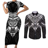 New Zealand Morepork Couples Matching Short Sleeve Bodycon Dress and Long Sleeve Button Shirt Maori Pattern Black LT05 Black - Polynesian Pride