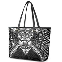 New Zealand Morepork Leather Tote Bag Maori Pattern Black