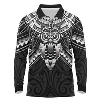 New Zealand Morepork Long Sleeve Polo Shirt Maori Pattern Black